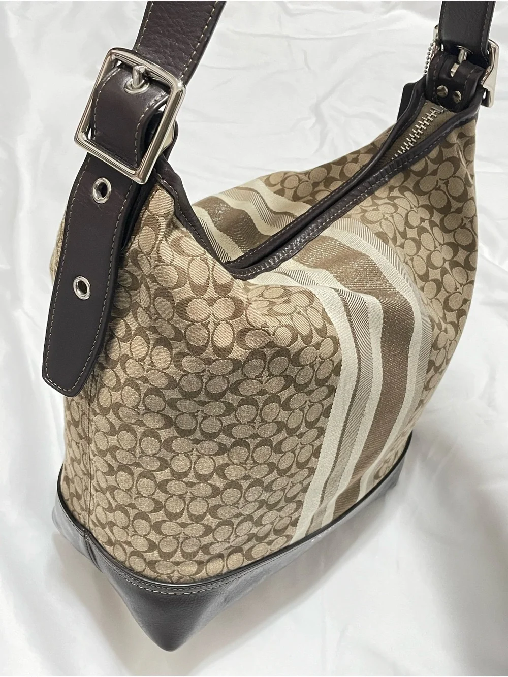 Coach Signature Stripe Canvas & Leather Hobo Shoulder Bag